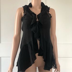 Poetry Clothing Black Sleeveless Lace Open Ruffle Long Tie Blouse Top Small XS